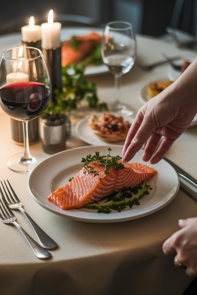 lifestyle scene of salmon dinner