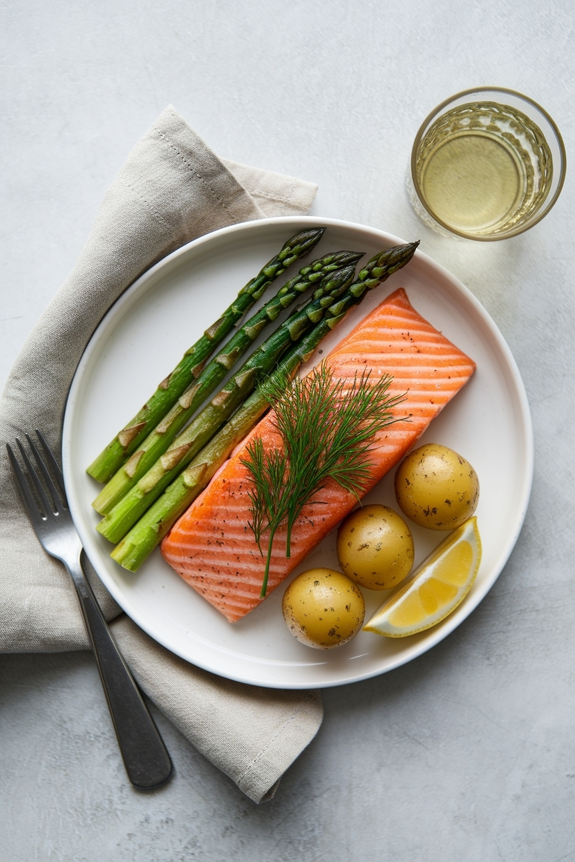 top down flat lay of salmon dinner plate