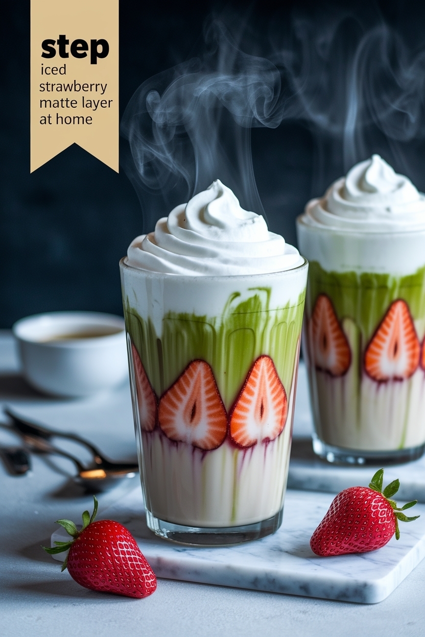 iced strawberry matcha latte layered at home