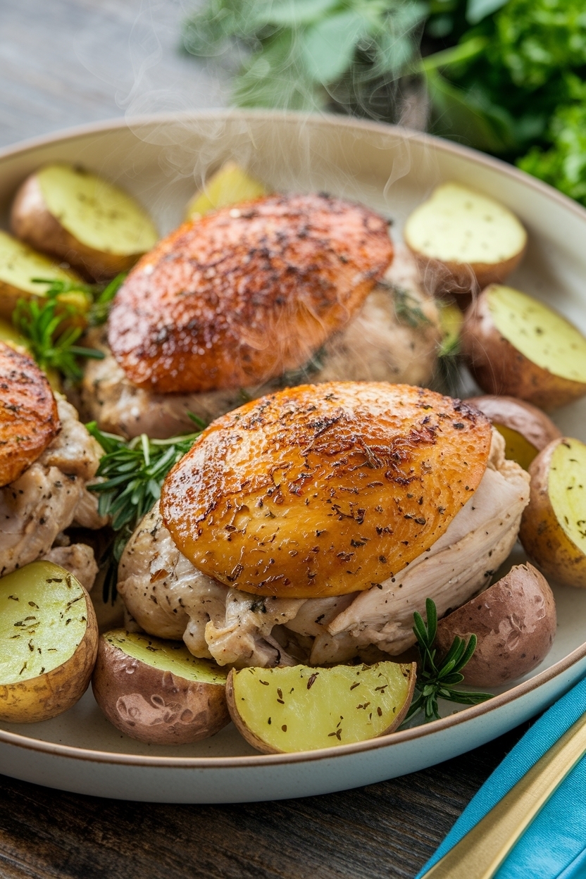 herb roasted chicken thighs with potatoes