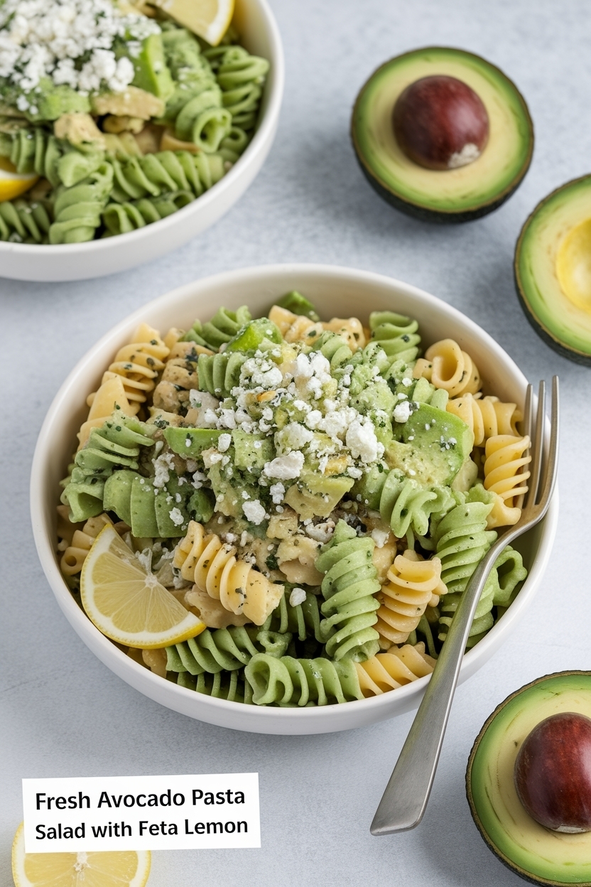 avocado pasta salad with feta lemon