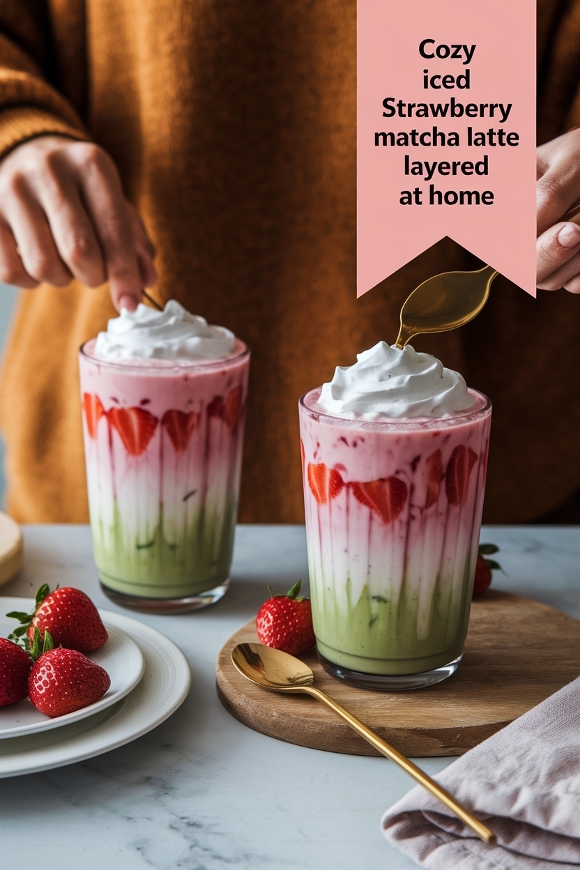 iced strawberry matcha latte layered at home