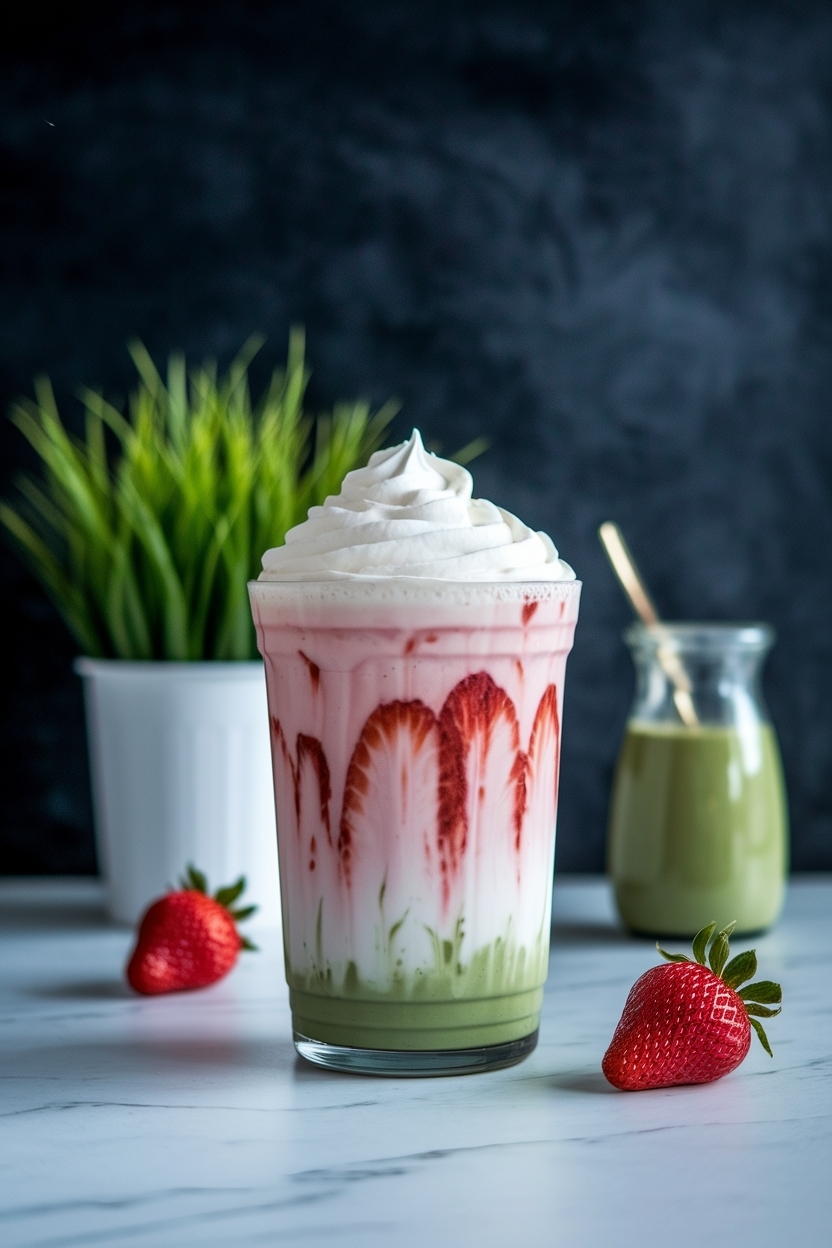 iced strawberry matcha latte layered at home