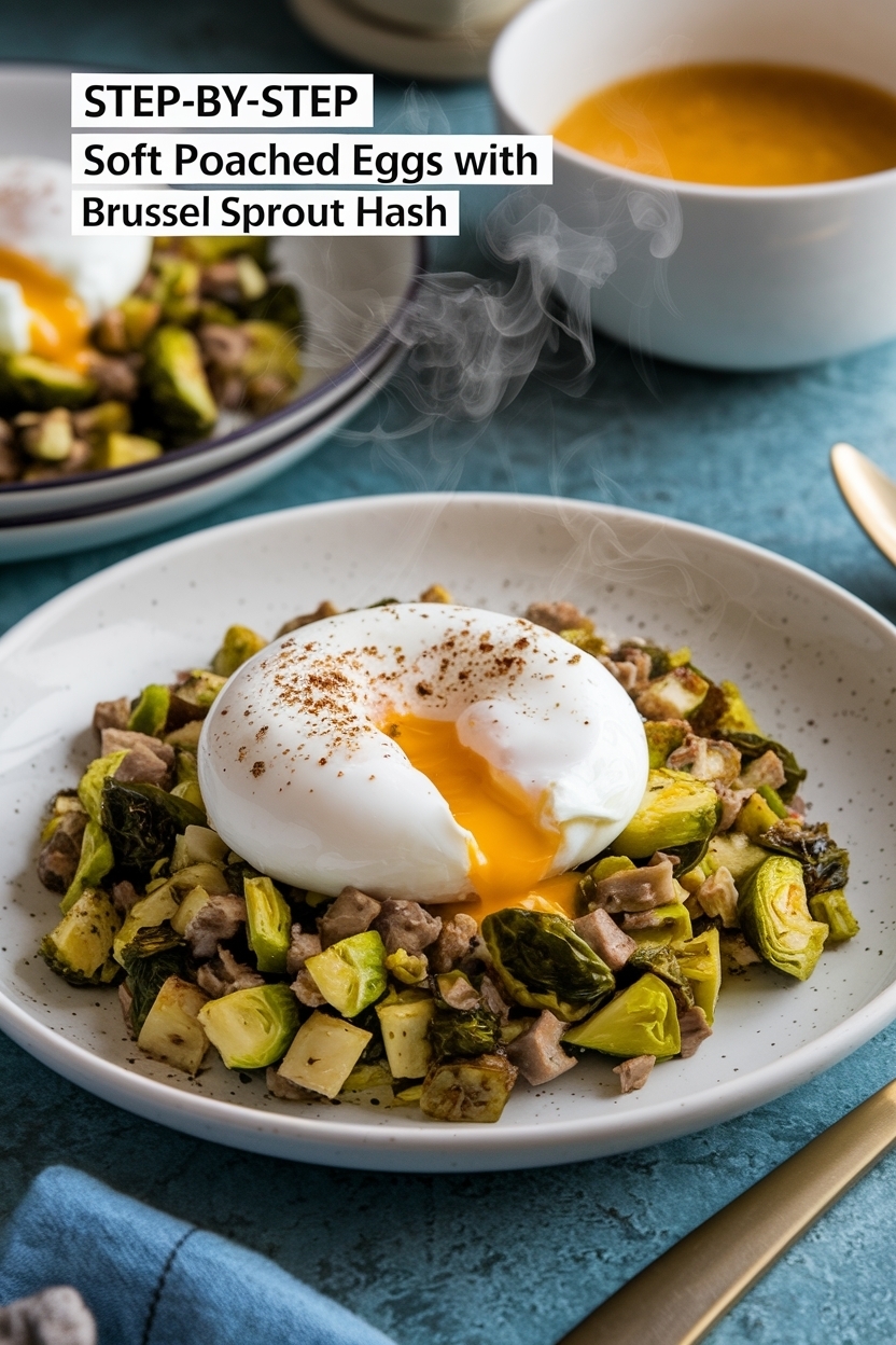 soft poached eggs with brussel sprout hash