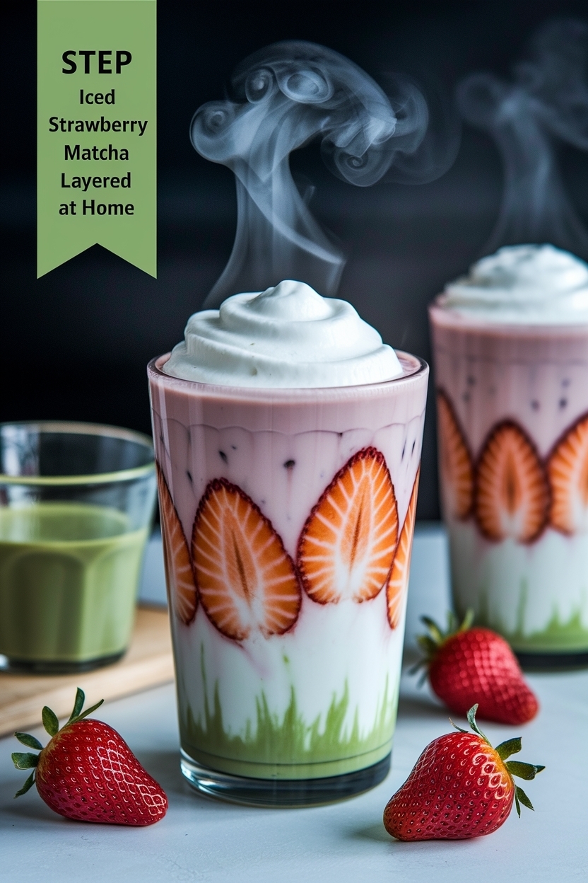 iced strawberry matcha latte layered at home