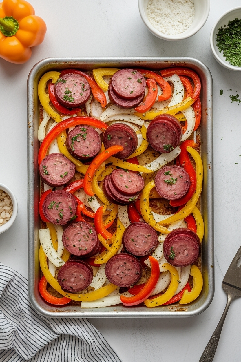 sheet pan kielbasa peppers onions