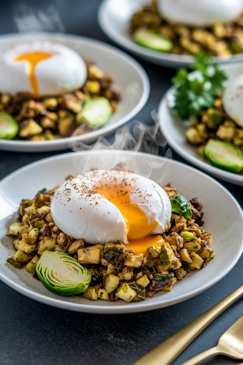 soft poached eggs with brussel sprout hash